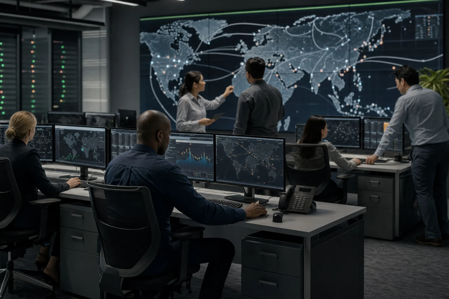 Logistics control tower team monitoring live shipment milestones