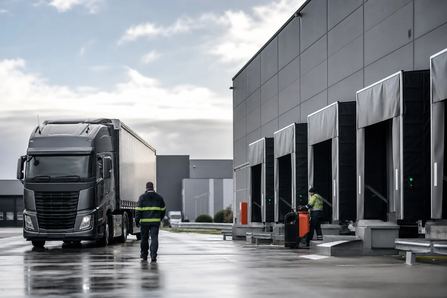 Freight truck arriving at a modern distribution terminal
