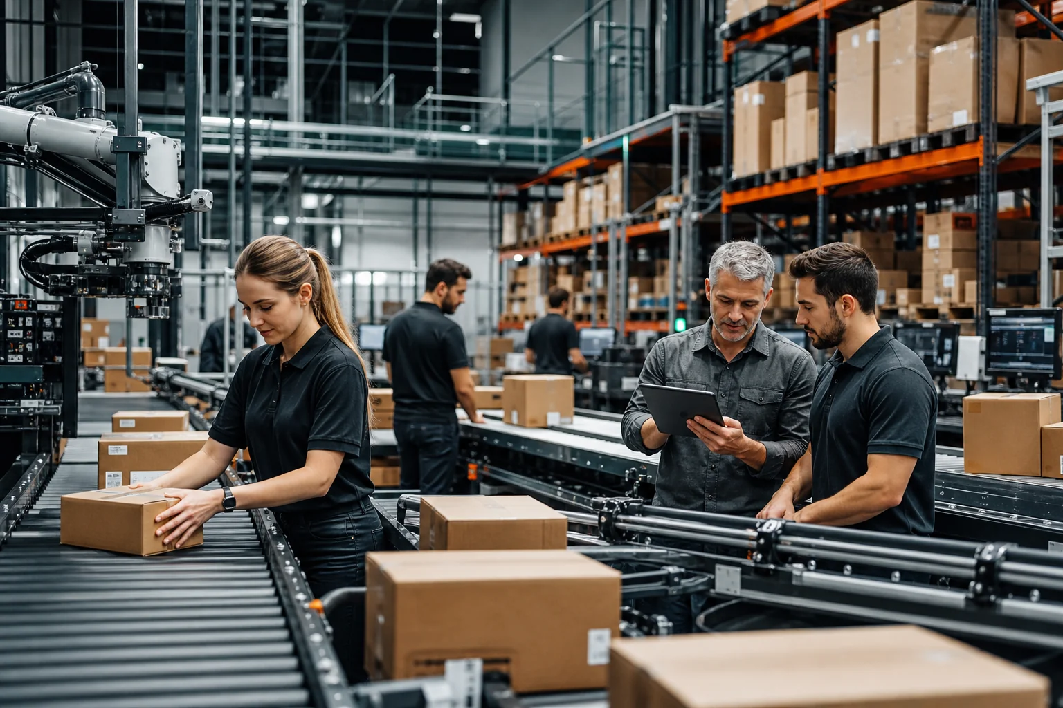 Automated warehouse team preparing orders for dispatch
